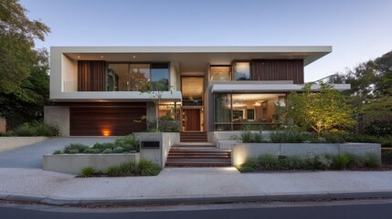 Elegant two-level home with flat roof, full glazing on windows, landscaped front garden, and facade featuring wood slats with concrete