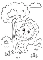 coloring book page of a cabbage hugging a tree in the forest.