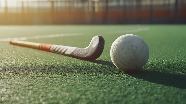 A field hockey stick pushing the ball on green turf, close-up angle
