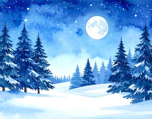 Winter night landscape with full moon