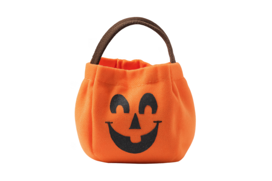 Orange fabric pumpkin trick or treat bag with black face isolated on a transparent background Halloween
