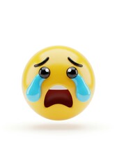 Fototapeta premium 3D rendered emoticon in the shape of a yellow ball showing an expression of sadness. Big, open mouth and blue tears