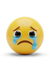 Fototapeta premium A 3D rendered emoji shows tears, a yellow orb with a melancholy expression. The emoji cries from its dark eyes. Its sorrow is evident