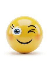 Fototapeta premium A 3D rendered yellow emoji winks. The spherical face features a smiling mouth, rosy cheeks, and a single eye, set against white