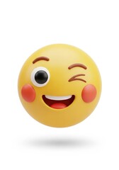 Fototapeta premium A 3D-rendered, cheerful yellow emoji winks with a rosy cheek and small mouth, against a clean white background