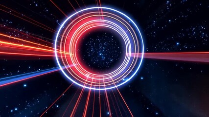 Futuristic abstract circular neon rings with glowing red and blue light beams in cosmic outer space background - Powered by Adobe