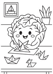 coloring book page of a cute cabbage making paper boats indoors with happy expression.
