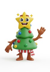 A cartoon Christmas tree character with a star on its head, waving with a friendly expression