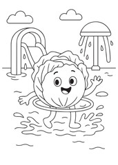 coloring book page of a cabbage playing in a water park with slides and fountains.