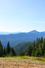 Fototapeta premium Majestic mountain range with lush forest and clear blue sky