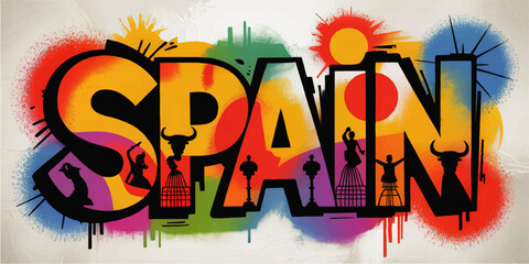 Vibrant Spain Graffiti Art with Flamenco, Bull, Fiesta Elements and Colorful Spray Paint for Travel, Culture, and Festival Design