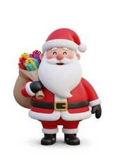 Obraz premium A cheerful 3D cartoon rendering of Santa Claus, complete with a fluffy white beard, red suit, and a bag full of brightly wrapped gifts. He smiles