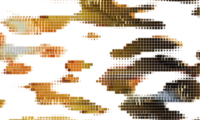 Digital art, abstract background, pixelated mosaic, brown and gold tones, modern design, texture, geometric pattern, artistic illustration