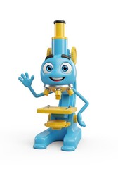 Fototapeta premium A cheerful cartoon microscope, rendered in vibrant blue and yellow, waves hello with a friendly expression. Isolated on white, it's inviting and educational
