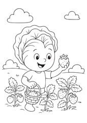 coloring book page of a cabbage harvesting strawberries in a sunny garden.