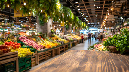 Empty wooden table with blurred supermarket fruit and vegetable section as background