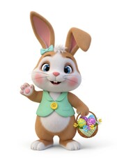 Obraz premium A cheerful cartoon rabbit, wearing a vest and a bow, holds an Easter basket filled with colorful eggs and flowers