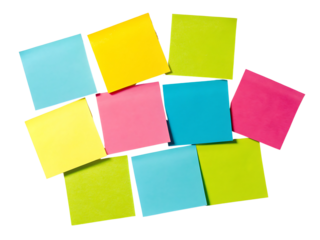 A collection of colorful sticky notes arranged in a scattered pattern isolated on transparent background