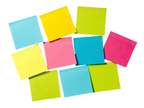 A collection of colorful sticky notes arranged in a scattered pattern isolated on transparent background