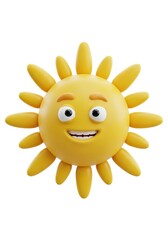 Fototapeta premium A cheerful, cartoon-style sun with a smiling face, radiating bright yellow, rendered against a clean white backdrop. 3D illustration