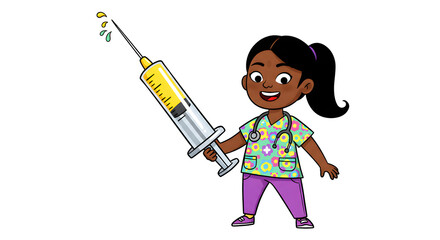 Fototapeta premium Caring Nurse with Injection: A charming illustration captures a young, smiling nurse holding a large syringe, symbolizing healthcare and vaccination in a friendly, reassuring style.