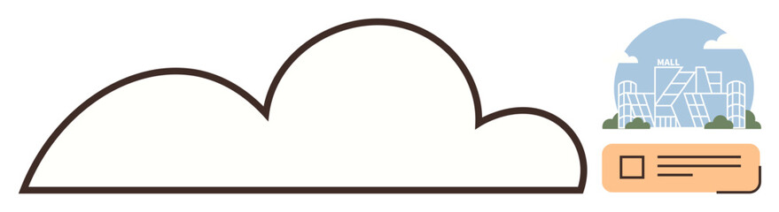 Cloud shape representing digital storage connects with urban buildings and document showcasing data organization. Ideal for technology, innovation, business, architecture, storage, information