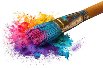 Fototapeta premium Paintbrush with vibrant colored powder explosion isolated on a transparent background image