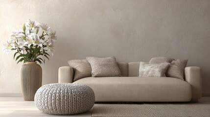 Minimalist interior featuring beige sofa, round pouf, and tall vase with white lilies, textured neutral wall providing open copy space