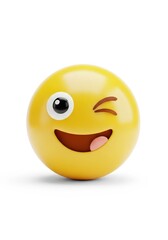 A vibrant, 3D-rendered yellow sphere playfully winking with a curved, open smile, expressive of cheer. The render displays shadow and shine