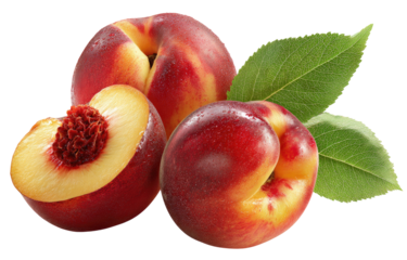 Fresh peaches, whole and sliced, with leaves