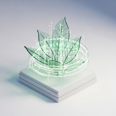 isometric 3d diorama of a technology process, translucent glass leaves intertwined with glowing soft green data streams, clean minimalist design. Generative AI.
