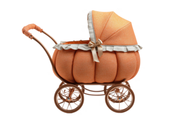 Ornate orange pumpkin carriage with ruffled trim and bow isolated on a transparent background stroller