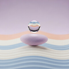minimalist 3d render of balancing geometric shapes, a smooth pastel stone and a clear glass sphere, on a surface with gentle waves of sand, zen concept for mental balance, soft focus, studio lighting