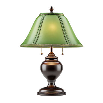 Green lamp shade with bronze base and pull chains glowing warmly