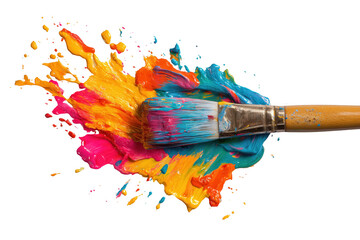 Obraz premium Paintbrush with vibrant colorful paint splash and splatter isolated on a transparent background image