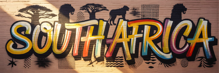 Vibrant South Africa Street Art Mural With Wildlife Silhouettes and Baobab Trees on Brick Wall, Urban African Culture