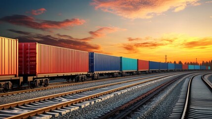 Fototapeta premium Loading freight containers onto railway wagons at sunset industrial transport scene outdoor setting wide angle view for seo impact