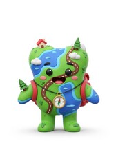 An animated character shaped like a tooth, designed with the world's features, smiling and wearing a backpack