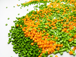 Various colors of masterbatch granules, polymer carrying resin and pigment poured in a white background, suitable for product catalog design of industrial plastic manufacturing company profiles