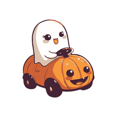 Cute Kawaii Ghost Driving a Happy Pumpkin Car for Halloween.