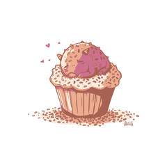 Cute Pink Dinosaur Creature Sleeping on a Sweet Cupcake.