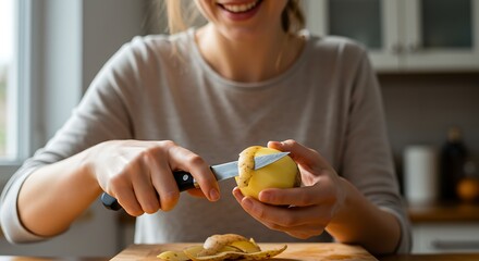 Woman peeling an apple in the kitchen.