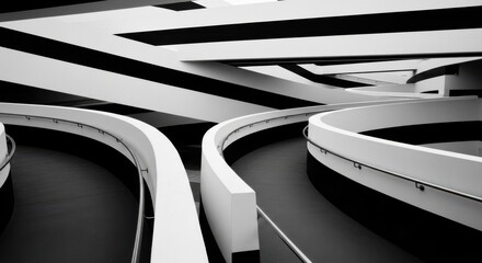 Abstract black and white architectural design featuring curved ramps and geometric patterns, creating a modern and minimalist interior space