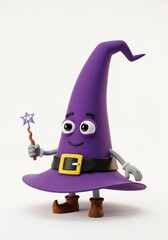 Cartoon purple wizard hat character with eyes, smile, belt, boots and a wand, isolated on a white background