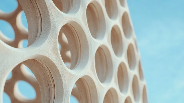 A modern architectural structure featuring a series of circular cutouts against a blue sky, highlighting geometric design and material texture.