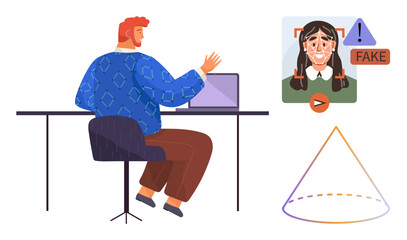 Man examines laptop while AI highlights manipulated video of a girl with notification. Ideal for online safety, media literacy, technology trust, cybersecurity, AI ethics, fact-checking, digital