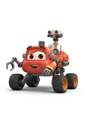 Fototapeta premium Cartoon vehicle character, orange, red, on four wheels with mechanical arms and antennae, isolated on white backdrop