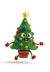 Cheerful 3D Christmas tree character with googly eyes, star, ornaments, in a pot with tiny legs, on white bg