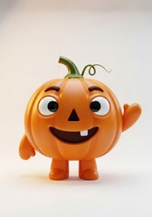 Cheerful, anthropomorphic orange pumpkin character with large eyes, a happy expression, waving, and a tooth