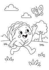 coloring book page of a cabbage chasing a butterfly in the garden.